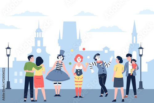 Street performance. Mimes, clown and unlookers. Children and parents look on open space entertainment. Comedian actors in amusement park, recent vector scene