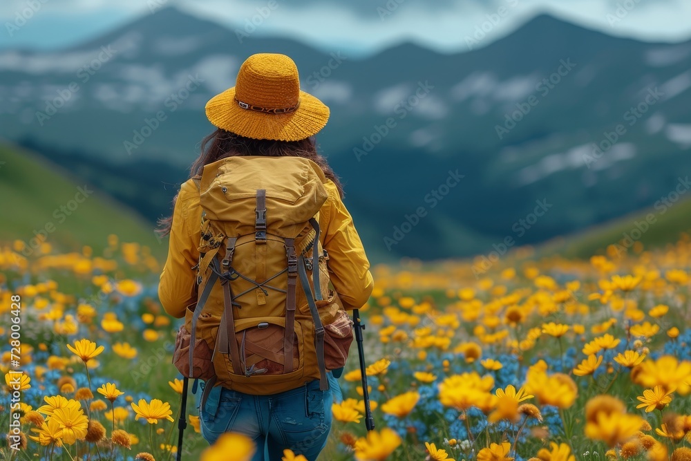 A vibrant woman stands amidst a sea of blooming flowers, her sun hat shielding her from the golden rays of the mountain sun as she takes in the serene beauty of nature while dressed in her outdoor hi A vibrant woman stands amidst a sea of blooming flowers, her sun hat shielding her from the golden rays of the mountain sun as she takes in the serene beauty of nature while dressed in her outdoor hi