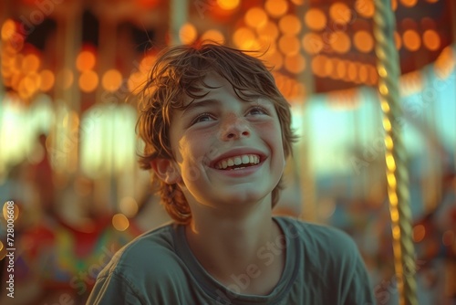 A young boy beams with joy as he poses for a portrait in front of a colorful carousel at an amusement park, showcasing his contagious smile and stylish clothing