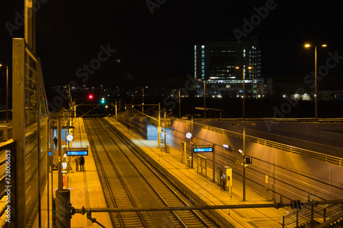 Bahnsteig und Gleis, S Bahnhof MDR bei Nacht, Leipzig, Sachsen, Deutschland photo