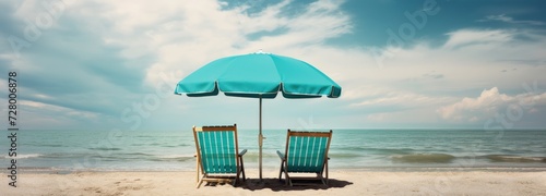 Two chairs and an umbrella on the beach for shade and enjoying the view. Generate AI image © Ghiska