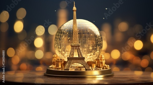 A globe formed from glass and the symbol of paris in front of it. Generate AI image