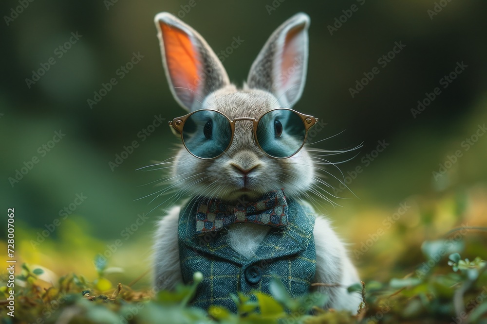 A stylish domestic rabbit basks in the sun, donning sunglasses and a vest, amidst the lush green grass of the great outdoors A stylish domestic rabbit basks in the sun, donning sunglasses and a vest, amidst the lush green grass of the great outdoors