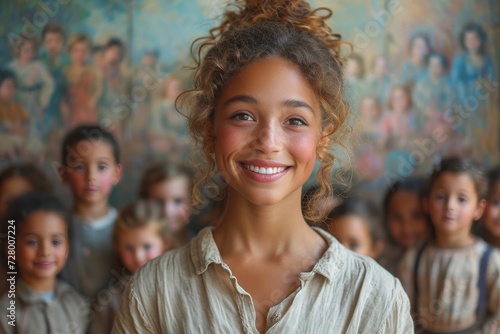 A youthful girl, radiating joy through her warm smile and bright eyes, stands against a plain wall adorned with a captivating portrait of a child, showcasing the beauty of human expression and emotio photo