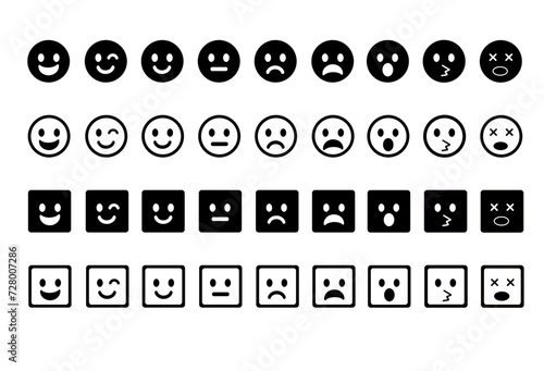 Emoticons icons set. Emoji faces collection. Emojis doodle style. Happy smile neutral sad and angry. black and white Vector illustration