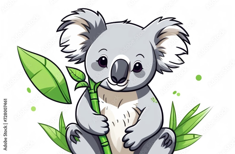Obraz premium Koala chews bamboo on a white background, viewed from afar