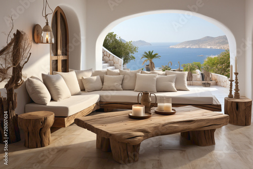 Visualize a rustic root coffee table near a white sofa and armchair, creating a harmonious connection between natural elements and modern design, all while enjoying a serene sea view.