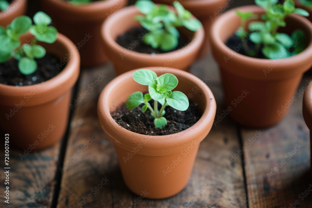 Small clay pots with baby plants on a wooden rustic table. Nature friendly growing of plants and seedlings at home Small clay pots with baby plants on a wooden rustic table. Nature friendly growing of plants and seedlings at home