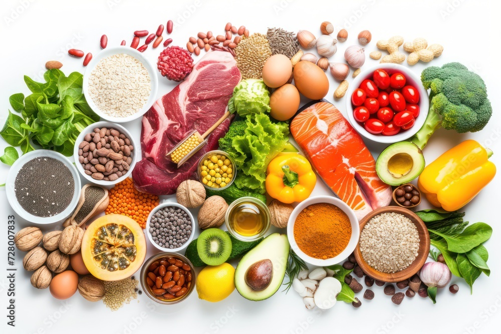 Food pyramid: Top view of various kinds of multicolored food types like meat, seafood, honey, eggs, fish, cocoa beans, olive oil, legumes Food pyramid: Top view of various kinds of multicolored food types like meat, seafood, honey, eggs, fish, cocoa beans, olive oil, legumes
