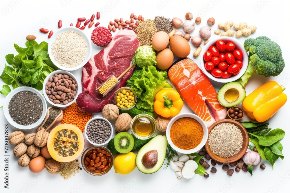 Food pyramid: Top view of various kinds of multicolored food types like meat, seafood, honey, eggs, fish, cocoa beans, olive oil, legumes 