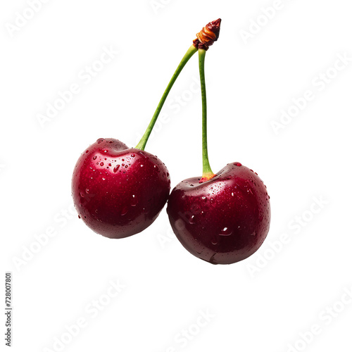 a pair of cherries with water drops on them