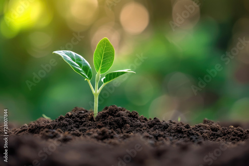 Small baby plant grows from the soil from seed. Symbol of living, startup, and life
