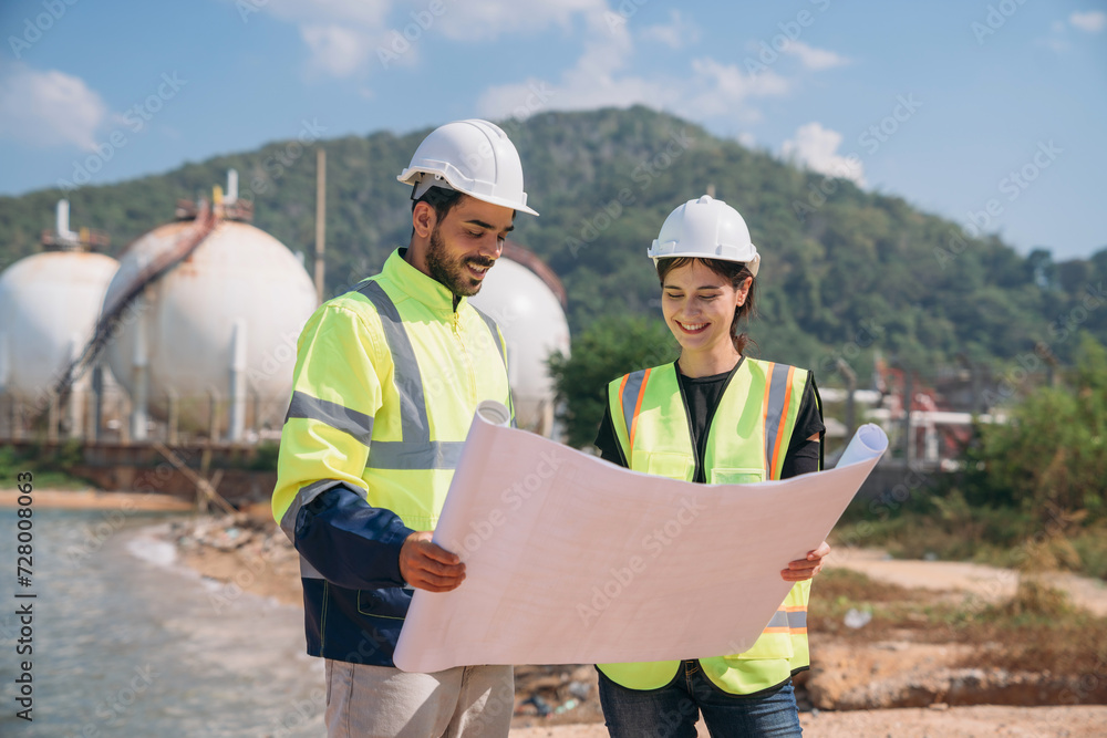Two engineers in safety gear with blueprints discussing work in front of industrial storage tanks on a clear day. Two engineers in safety gear with blueprints discussing work in front of industrial storage tanks on a clear day.