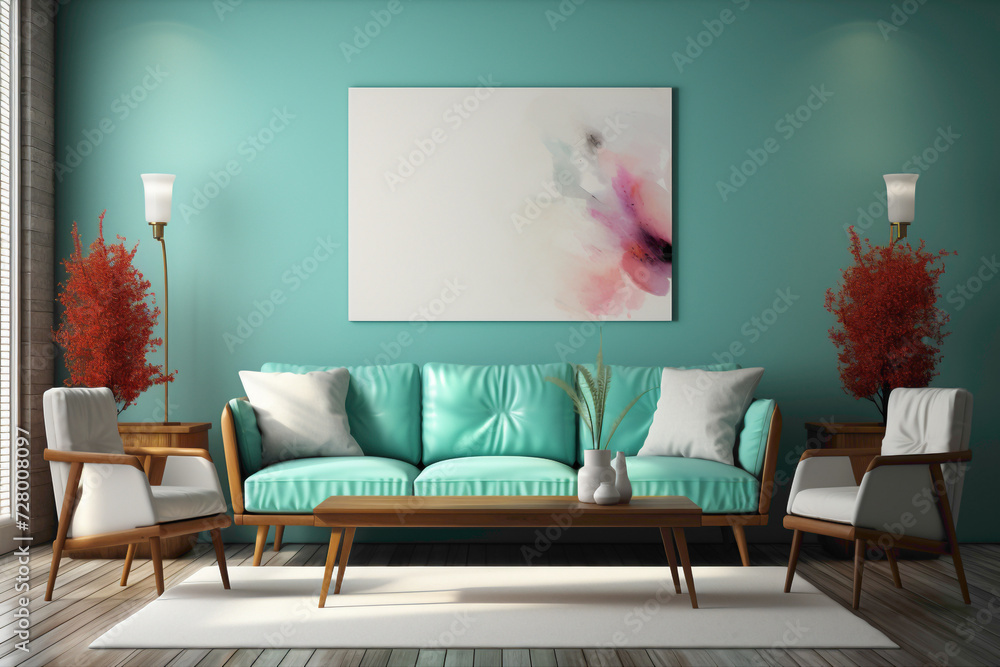 A modern and spacious living room mockup showcasing solid colorful decor and an empty frame, creating a trendy and well-designed scene for your creative content.