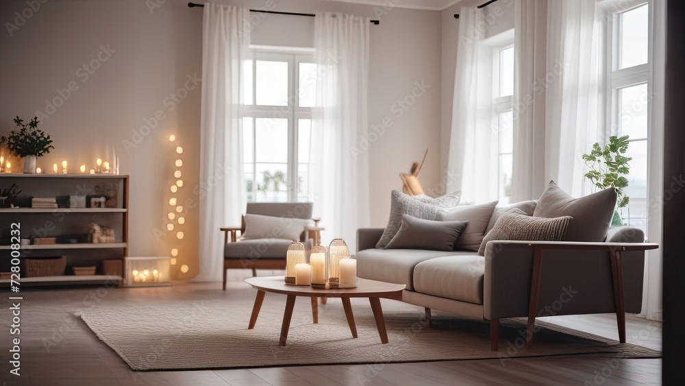 Cozy interior of a modern living room in the style hygge - sofa with cushions white and gray colors, cozy knitted, plaid, minimalism, candles Cozy interior of a modern living room in the style hygge - sofa with cushions white and gray colors, cozy knitted, plaid, minimalism, candles