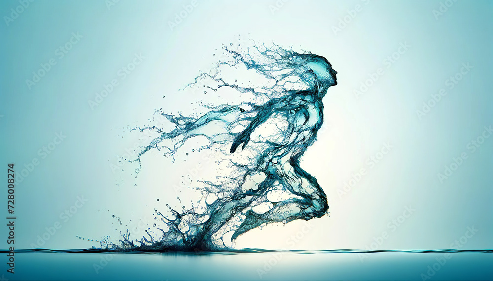 Dynamic water splash forming a human-like figure in motion against a calm blue background, representing movement, fluidity, and the ephemeral nature of life.AI generated. Dynamic water splash forming a human-like figure in motion against a calm blue background, representing movement, fluidity, and the ephemeral nature of life.AI generated.