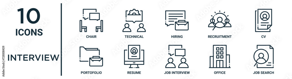 interview outline icon set such as thin line chair, hiring, cv, resume ...