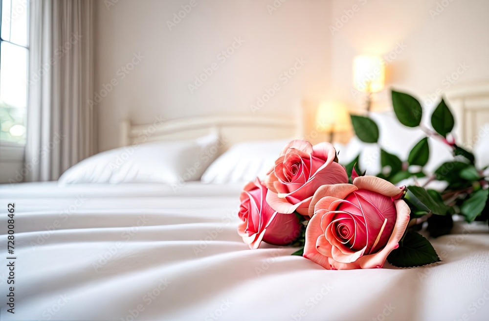 Obraz premium A bouquet of tea roses lies on a white bed in a bright bedroom. A gift for your beloved, Valentine's day, birthday, date. Copy space. 