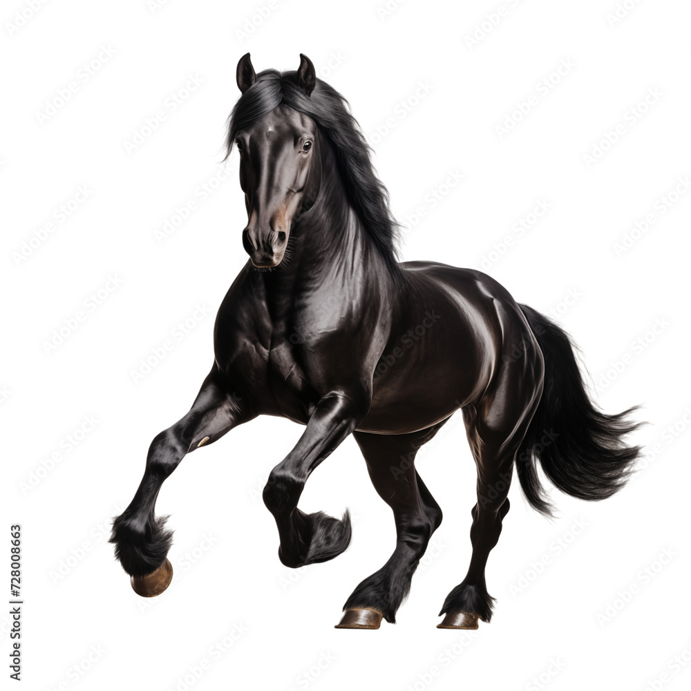 Black horse running. Majestic Stallion: Black Horse in epic Pose isolated on transparent and white background. Ideal for use in advertising. Generative ai