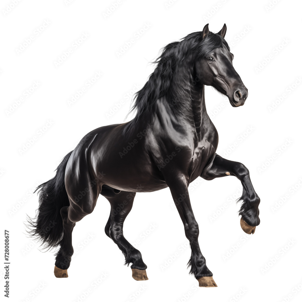 Majestic Stallion: Black Horse in epic Pose isolated on transparent and white background. Ideal for use in advertising. Generative ai