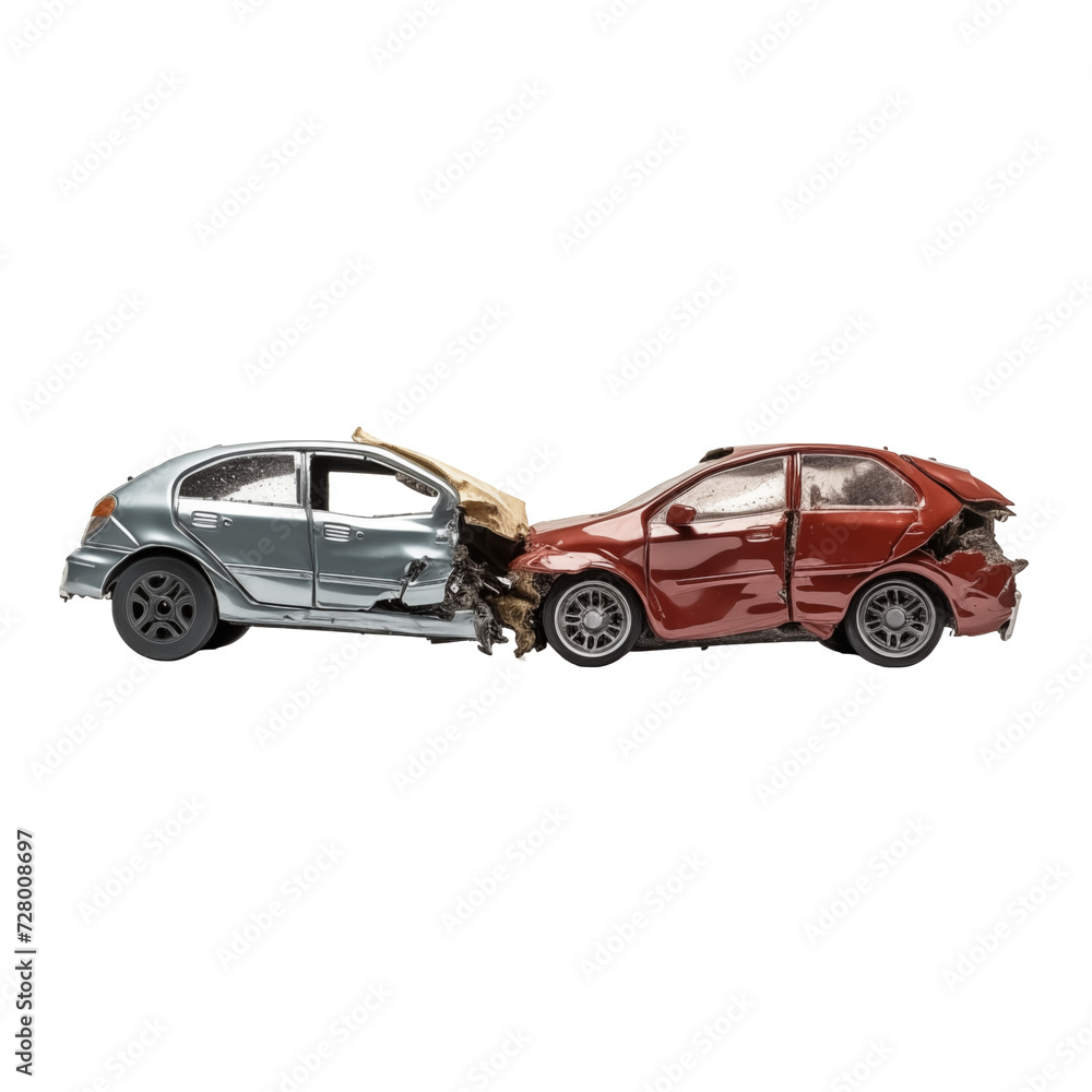 Roadside Collision: Damaged Cars After Accident isolated on transparent and white background. Ideal for use in advertising. Generative ai