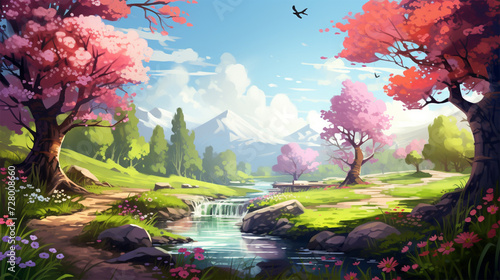 Artistic illustration of vibrant cherry blossom trees by a tranquil river.