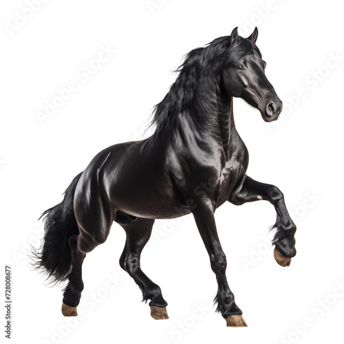 Majestic Stallion: Black Horse in epic Pose isolated on transparent and white background. Ideal for use in advertising. Generative ai