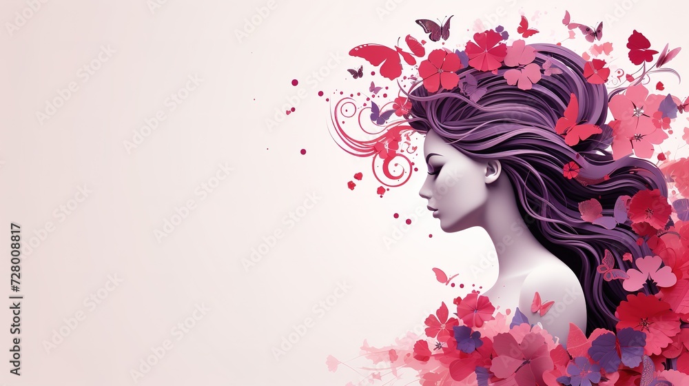 Elegant woman with purple hair and pink flowers. Isolated on a white background.