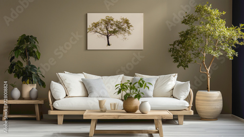 A tastefully decorated space featuring a beige sofa paired with a modern table holding a single, elegant plant. The room exudes a calming atmosphere.