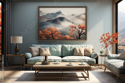 Experience the soothing vibes of a living room adorned with a simple frame, showcasing a captivating nature painting that transports you to a tranquil outdoor setting. © Danish