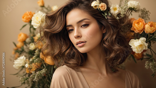A young brunette woman with a hairstyle of spring flowers in her hair on a beige solid background. Feminine beauty portrait, makeup, hairstyle, stylist, feminine energy. 