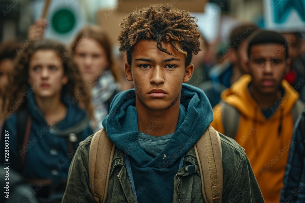 Young man with a backpack stands out in a crowd during a protest Young man with a backpack stands out in a crowd during a protest
