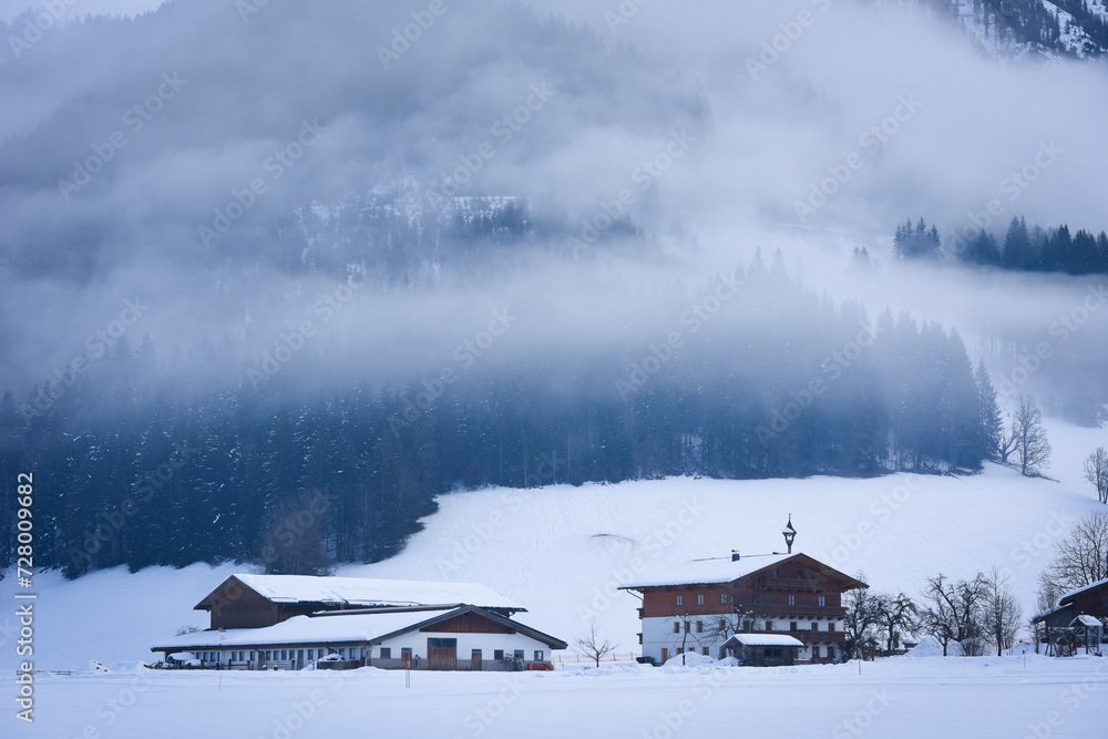 Winter landscape at early morning in ski resort, Austria. Europe.