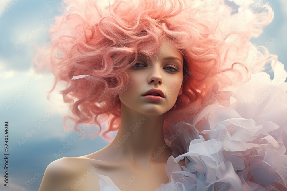 Dreamy portrait of woman with pink cloud like hair, soft pastel colors