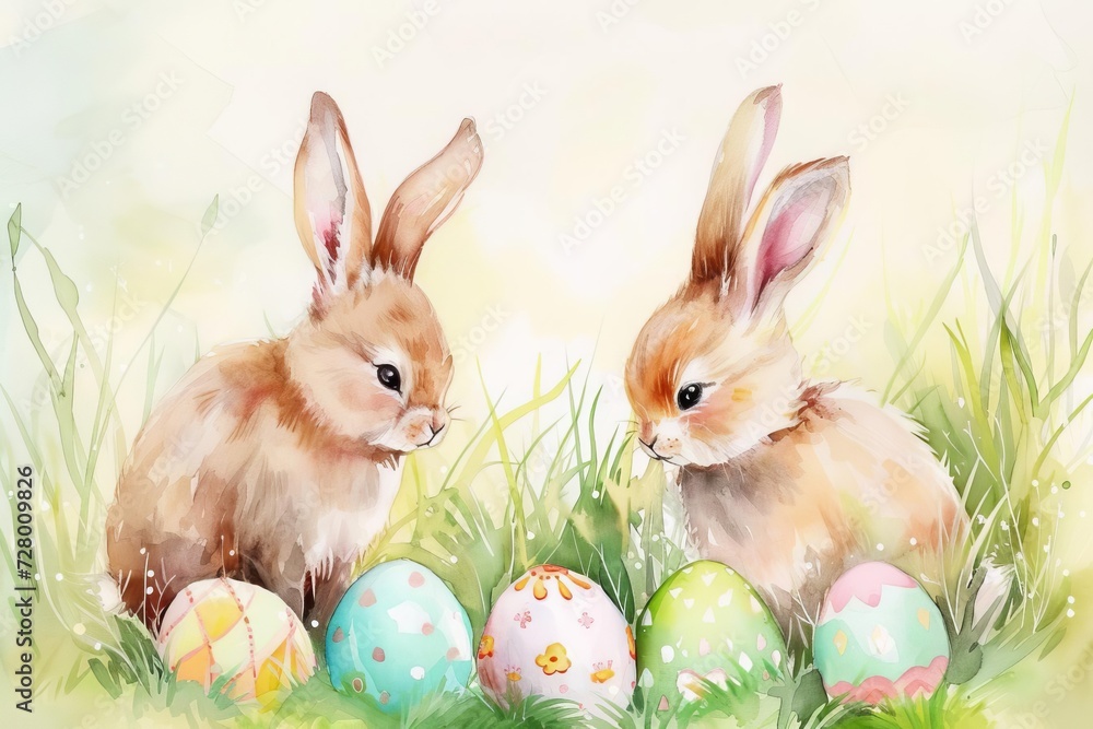 Watercolor painting of a whimsical easter scene with bunnies and eggs Watercolor painting of a whimsical easter scene with bunnies and eggs