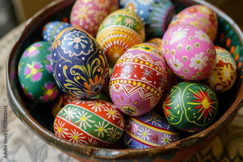 Hand-painted easter eggs with intricate patterns and vibrant colors Arranged in a decorative bowl Hand-painted easter eggs with intricate patterns and vibrant colors Arranged in a decorative bowl