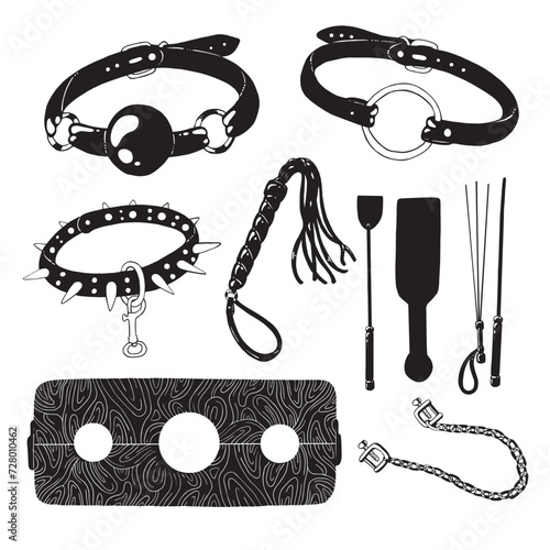BDSM hand drawn clipart in black and white colors. Vector illustration. 