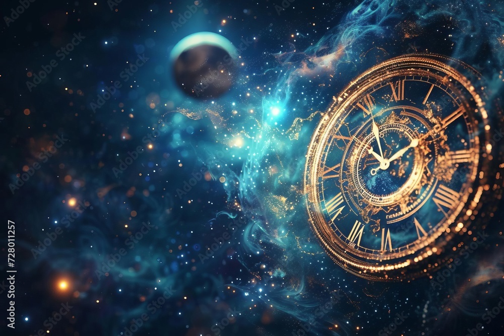 Cosmic clock concept illustrating the flow of time in the universe With celestial bodies as indicators