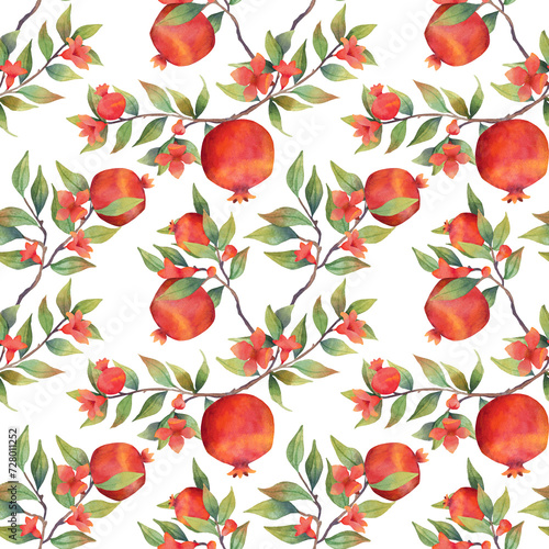 Watercolor pomegranate seamless pattern on white background. High quality illustration