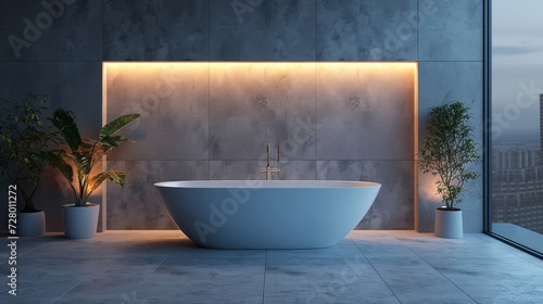 Contemporary bathroom featuring a standalone bathtub with a serene and minimalist design