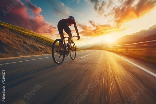 Cyclist speeding through a scenic countryside road at sunrise