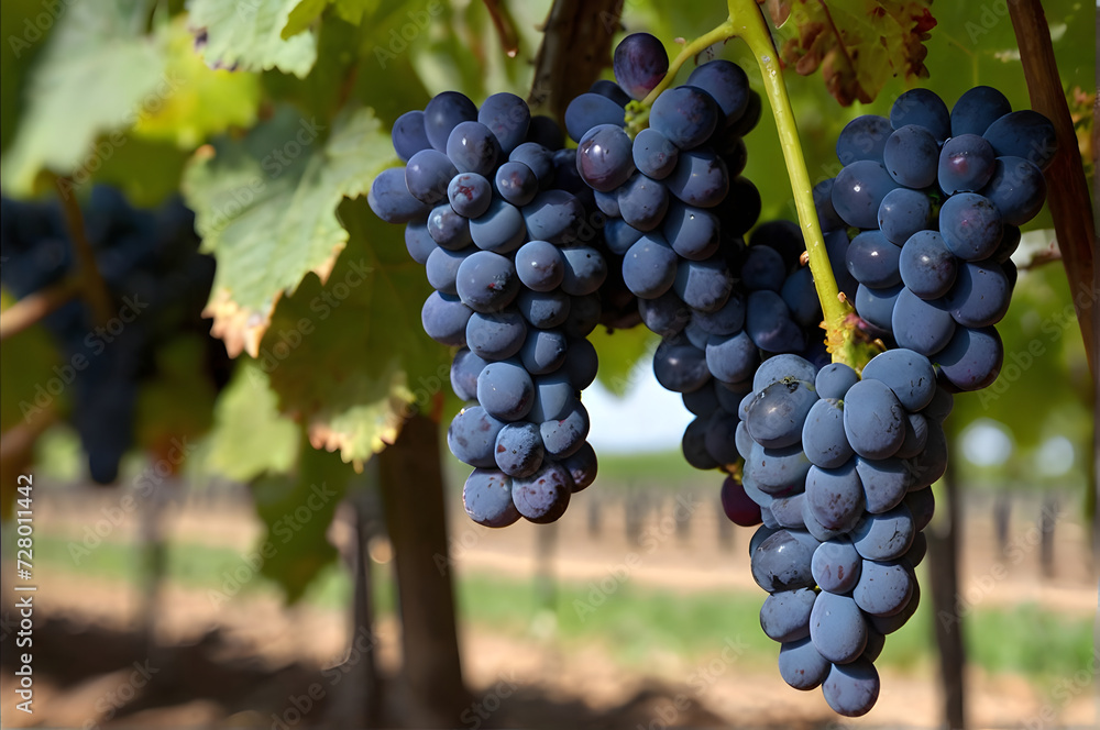 Obraz premium Close-up of a blue grape hanging in a vineyard, wide shot