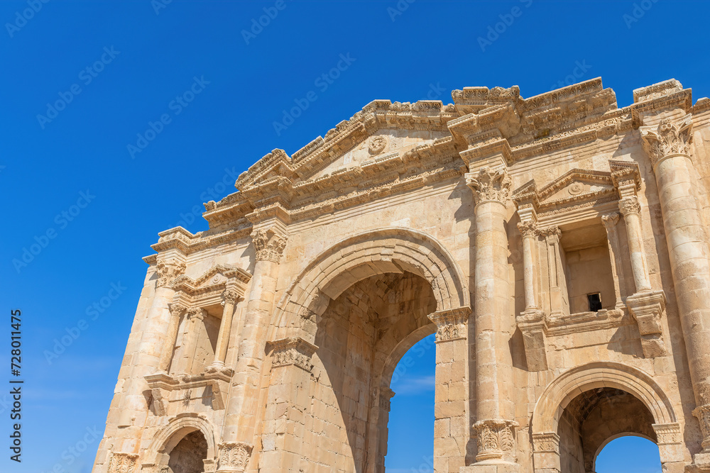 The Arch of Hadrian was built to honour the visit of Emperor Hadrian to Gerasa . Jerash. Jordan.