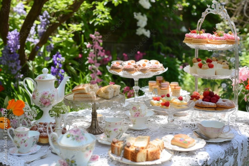 Enchanted garden setup for an easter tea party With vintage tea sets Lace tablecloths And an array of spring pastries and finger sandwiches Enchanted garden setup for an easter tea party With vintage tea sets Lace tablecloths And an array of spring pastries and finger sandwiches