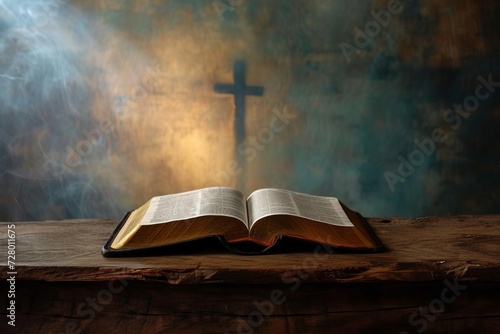 Ethereal light emanating from an open ancient bible on a wooden table With a faint silhouette of a cross in the background