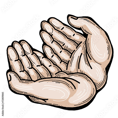 Open hands to care about important things. Background to show, offer and hold product. Magic palmistry prediction by two palms. Hand drawn retro vintage illustration. Old style tattoo line drawing.