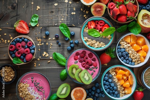 Fresh and healthy breakfast spread on a rustic wooden table Including smoothie bowls Fruits And organic granola