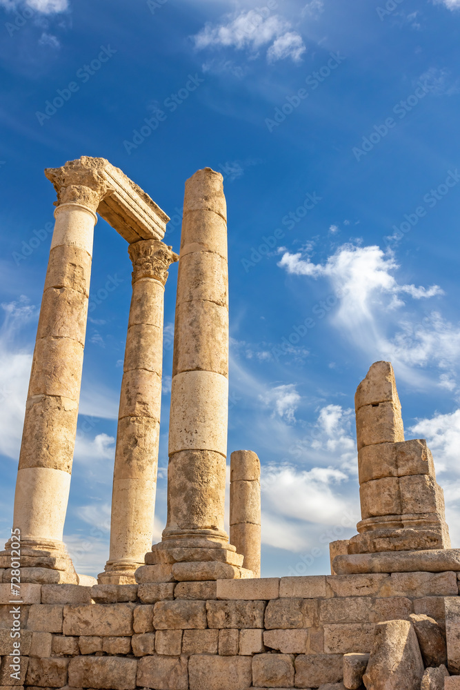 The uncompleted Roman Temple of Hercules at the Amman Citadel in an archeological site at the center of downtown Amman in Jordan. 