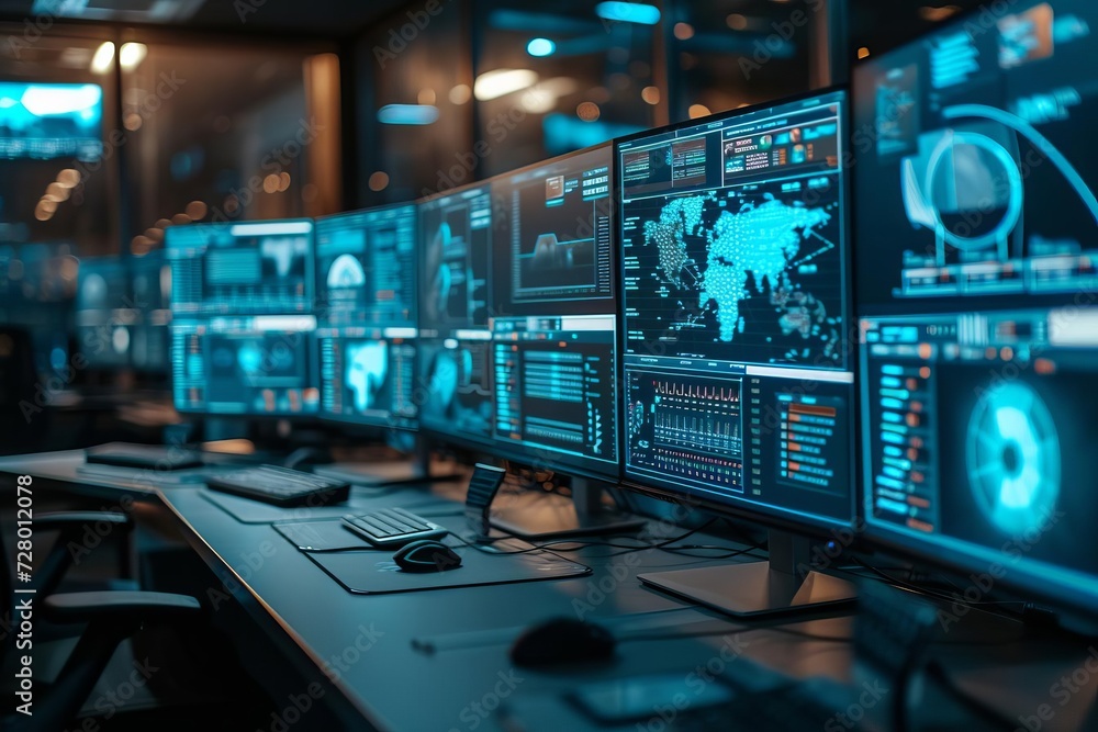 High-tech cybersecurity operations center with multiple screens displaying real-time threat monitoring Ensuring digital safety and business continuity High-tech cybersecurity operations center with multiple screens displaying real-time threat monitoring Ensuring digital safety and business continuity