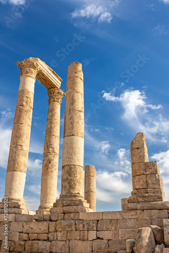 The uncompleted Roman Temple of Hercules at the Amman Citadel in an archeological site at the center of downtown Amman in Jordan. 